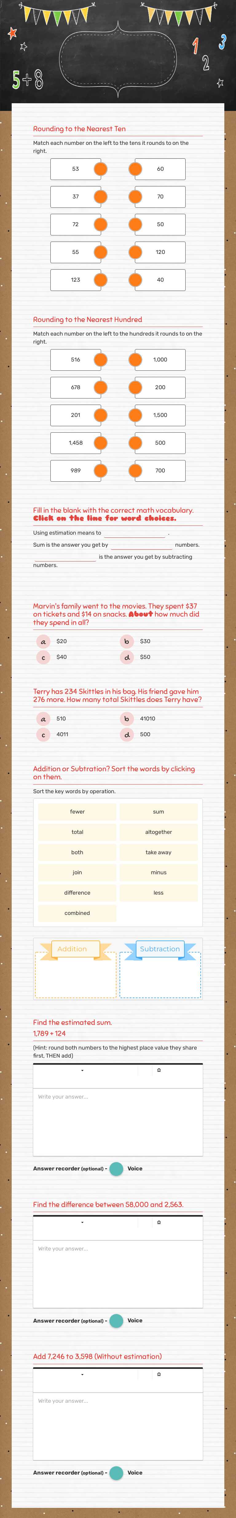 Math Review
(Estimation, Addition, and Subtraction) worksheet preview image