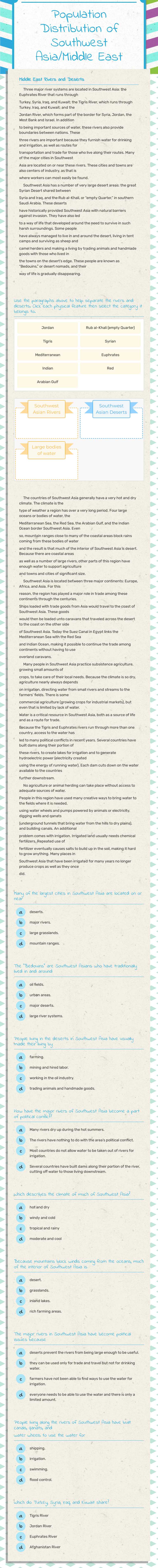 Population Distribution of Southwest Asia/Middle East worksheet preview image