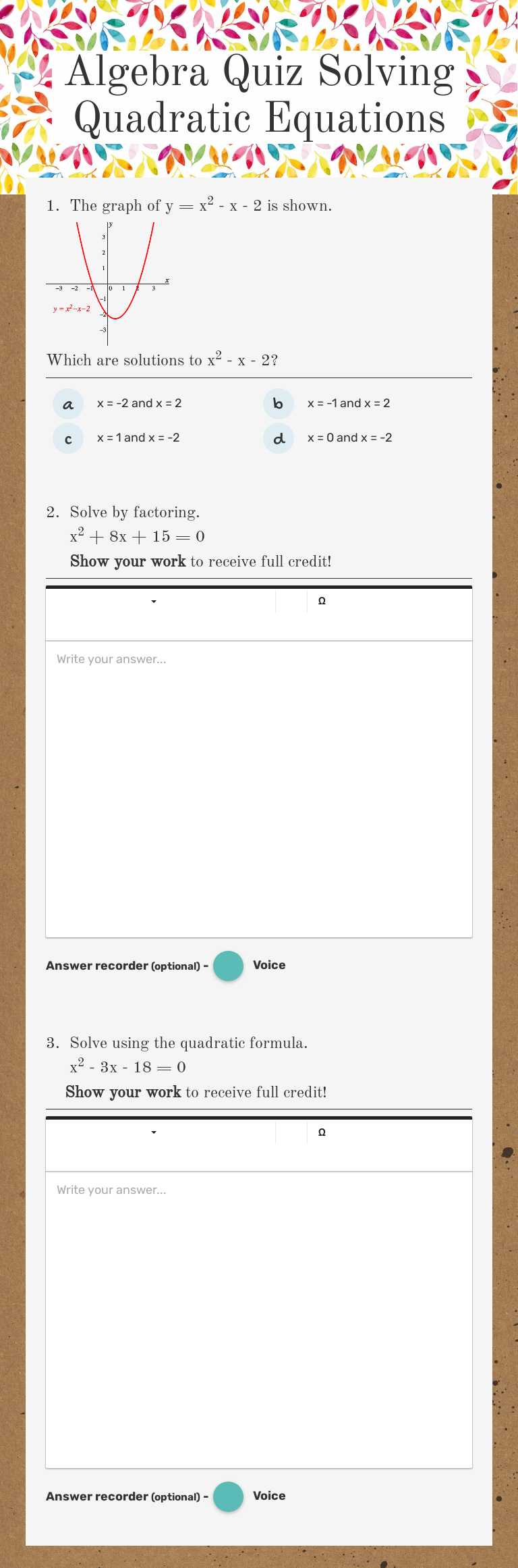 Algebra Quiz                       Solving Quadratic Equations worksheet preview image