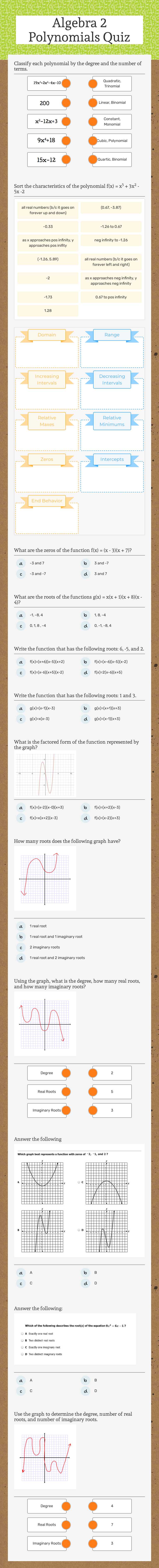 Algebra 2 Polynomials Quiz worksheet preview image