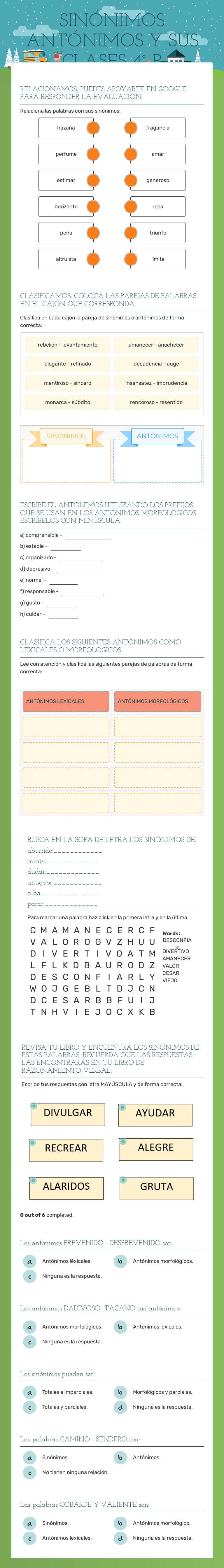 SINÓNIMOS ANTÓNIMOS Y SUS CLASES 4° B worksheet preview image