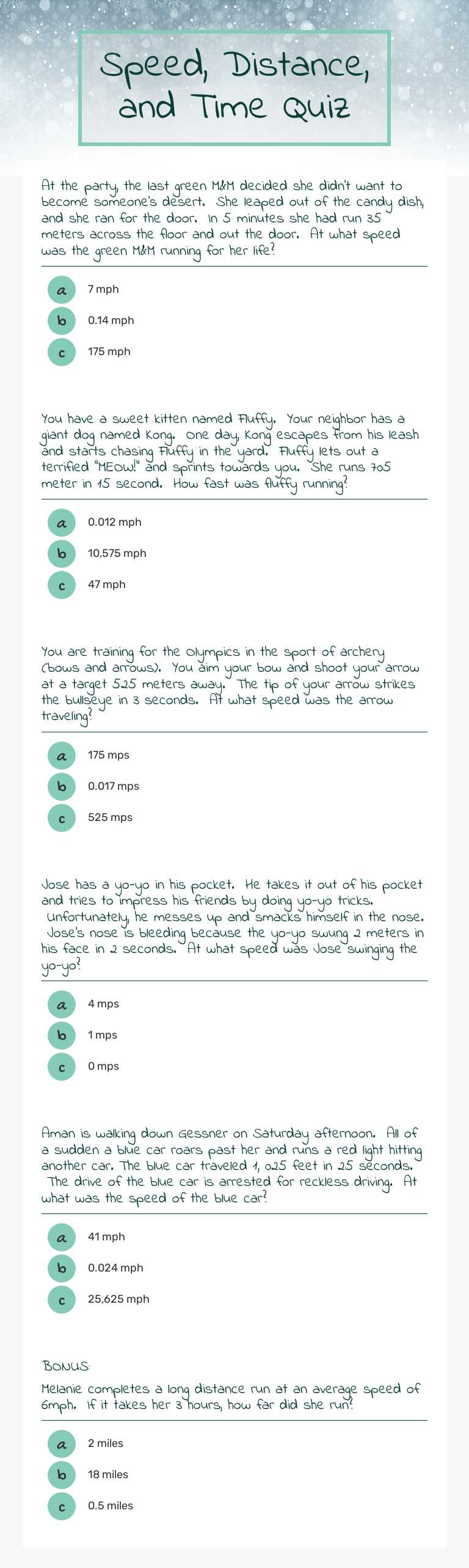 Speed, Distance, and Time Quiz worksheet preview image