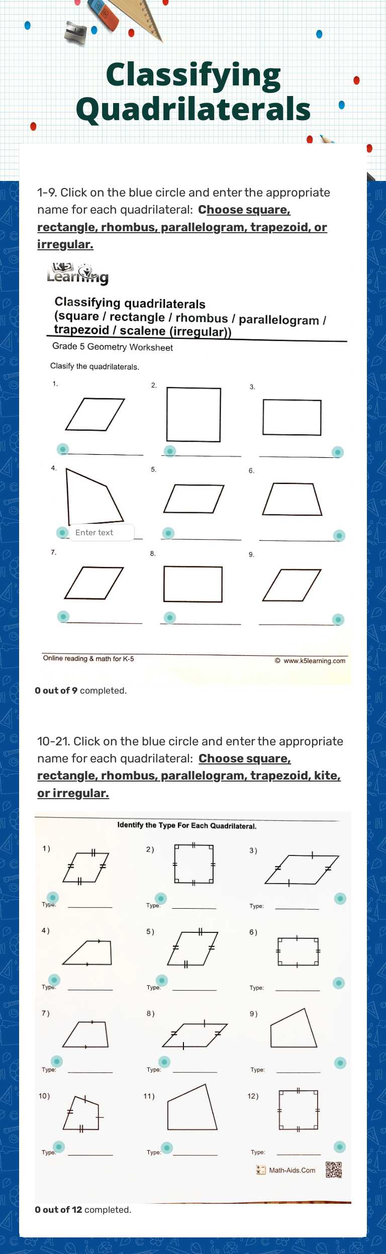 Classifying Quadrilaterals worksheet preview image