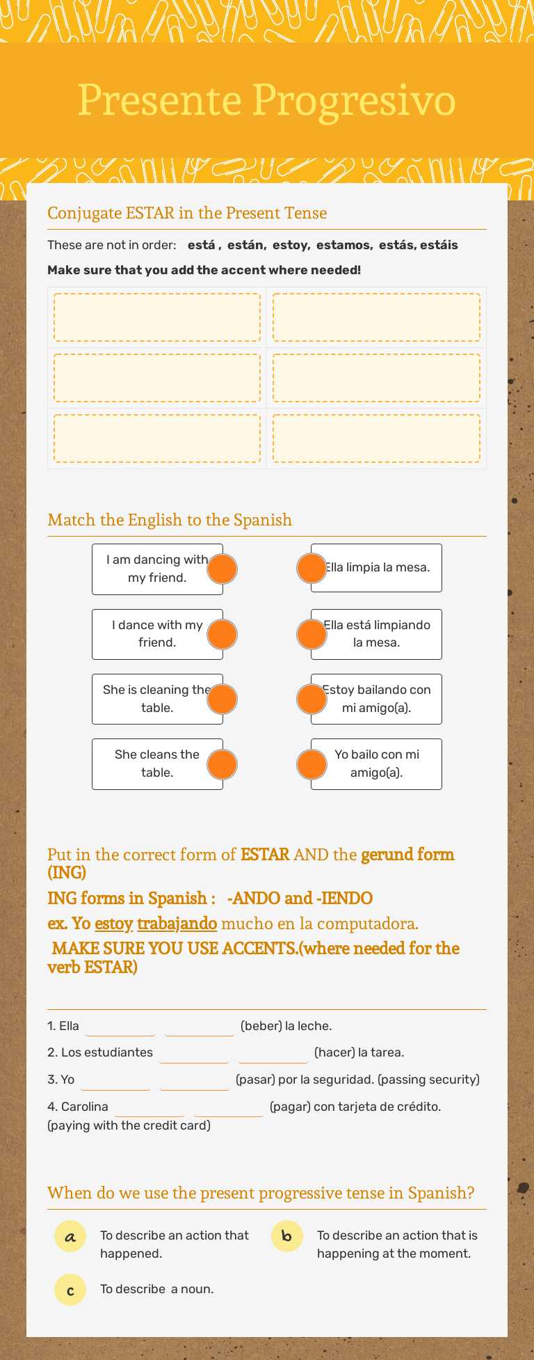 Presente Progresivo worksheet preview image