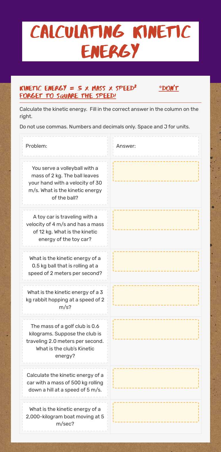 Calculating Kinetic Energy Grade 9 worksheet preview