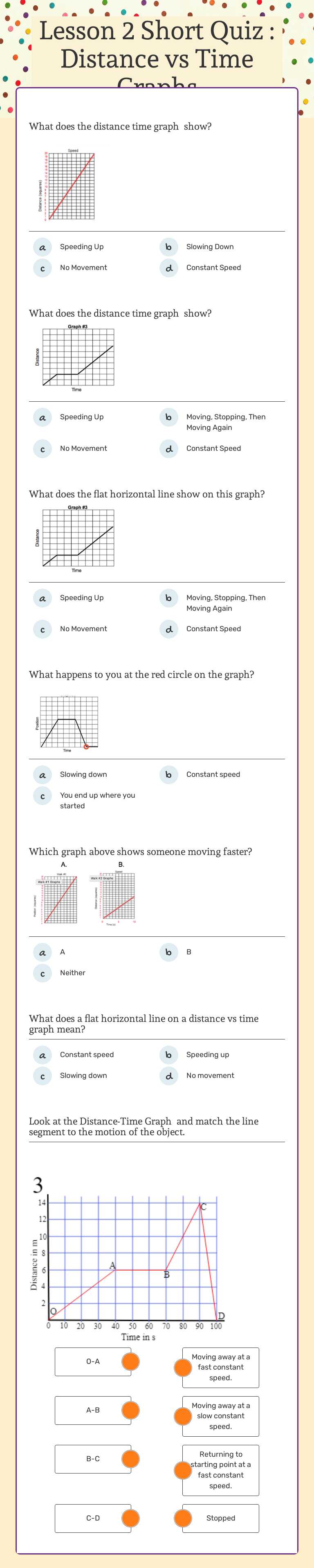 Lesson 2 Short Quiz : Distance vs Time  Graphs worksheet preview image