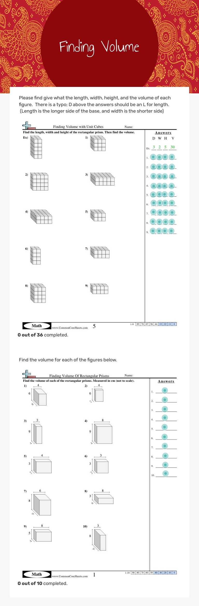 Finding Volume worksheet preview image