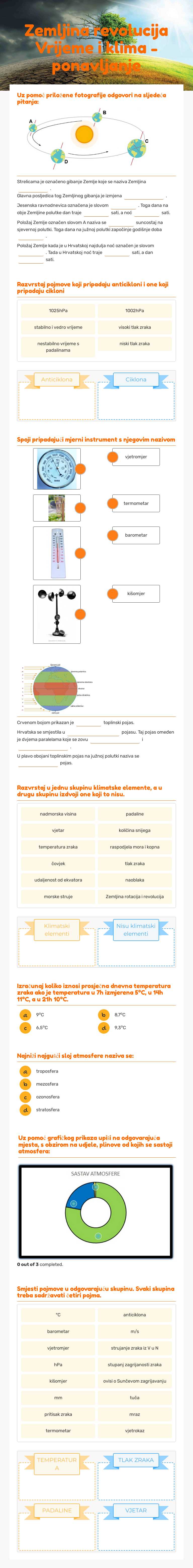 Zemljina revolucija
Vrijeme i klima
- ponavljanje Grade 6 worksheet preview
