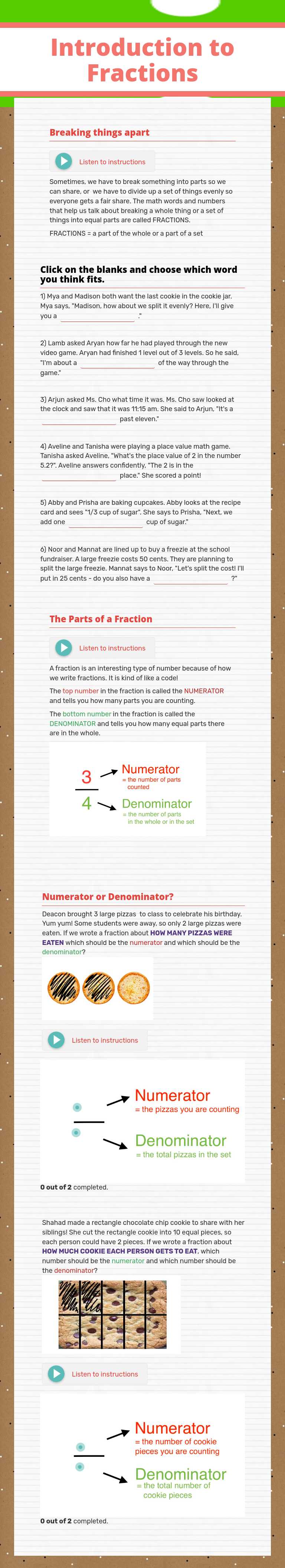 Introduction to Fractions worksheet preview image