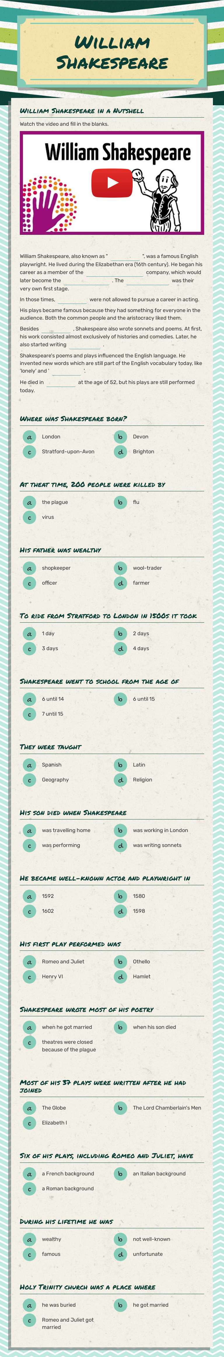 William Shakespeare worksheet preview image