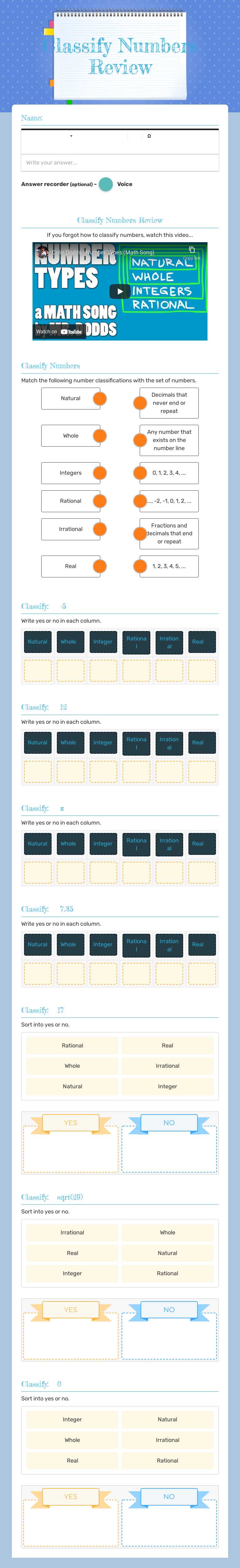Classify Numbers Review worksheet preview image