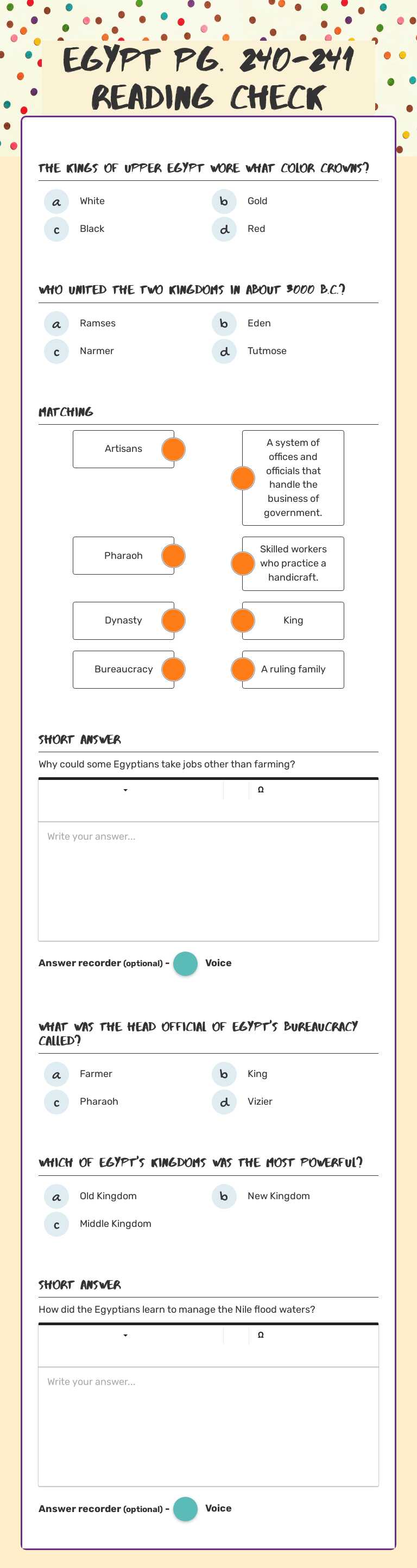Egypt pg. 240-241 Reading Check worksheet preview image