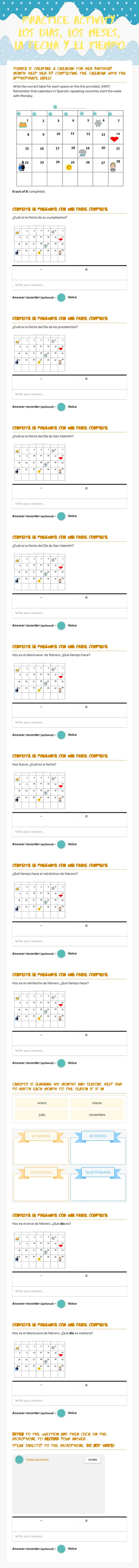 PRACTICE activity: Los dias, los meses, la fecha y el tiempo worksheet preview