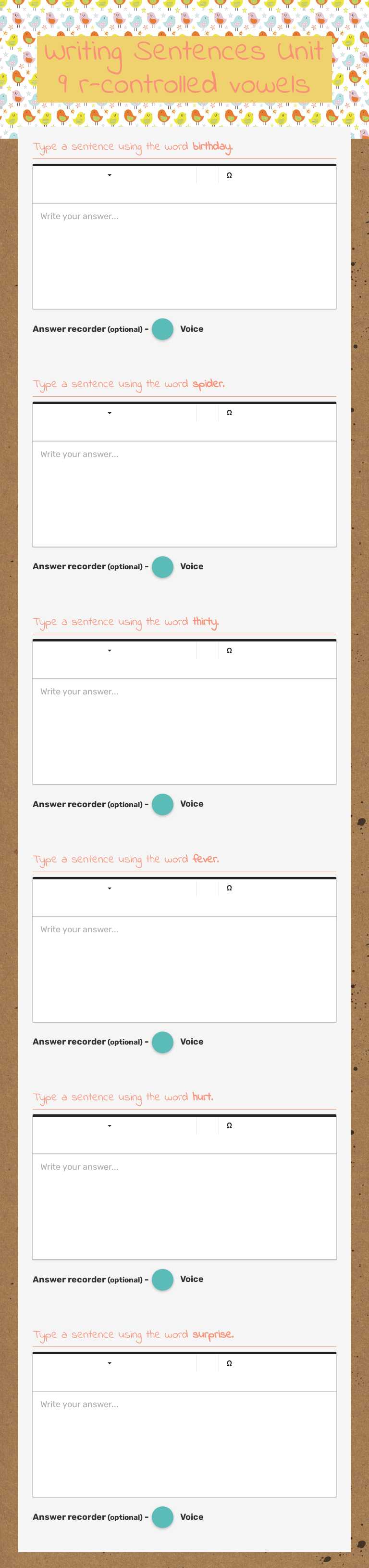 Writing Sentences Unit 9 r-controlled vowels Grade 2 worksheet preview