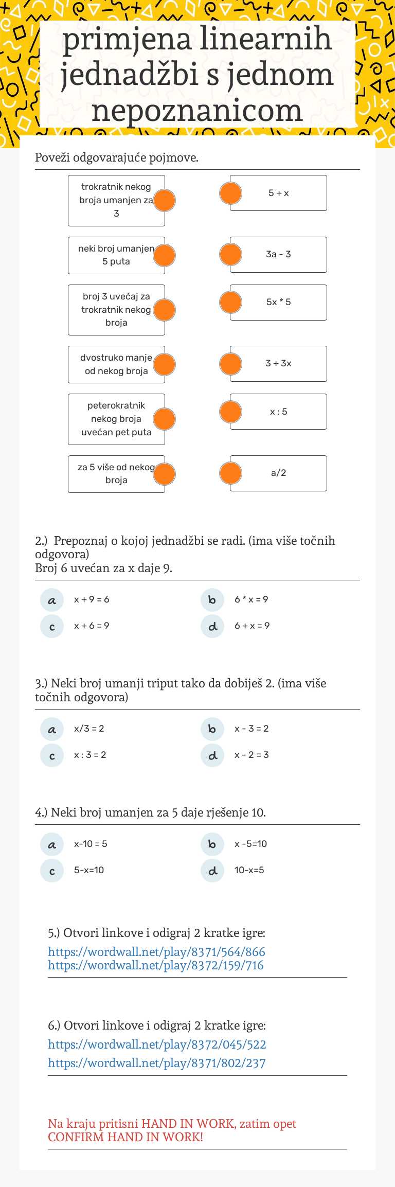 primjena linearnih jednadžbi s jednom nepoznanicom Grade 6 worksheet preview