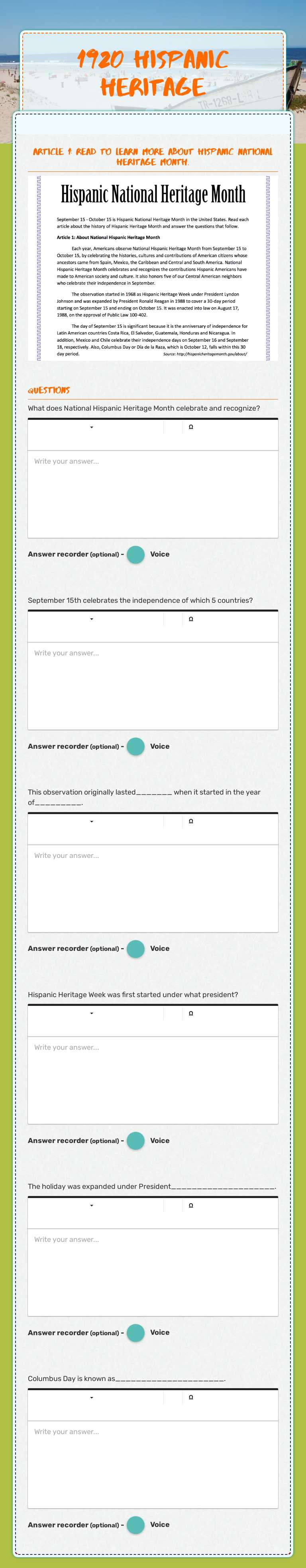 1920 Hispanic Heritage worksheet preview image