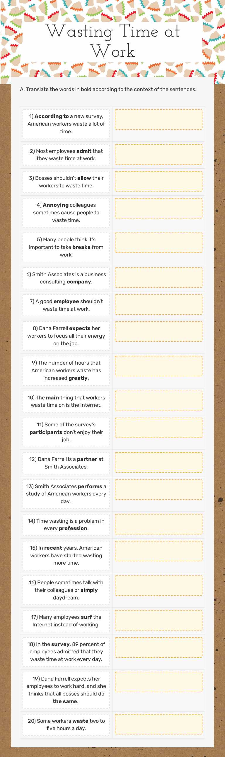 Wasting Time at Work worksheet preview image