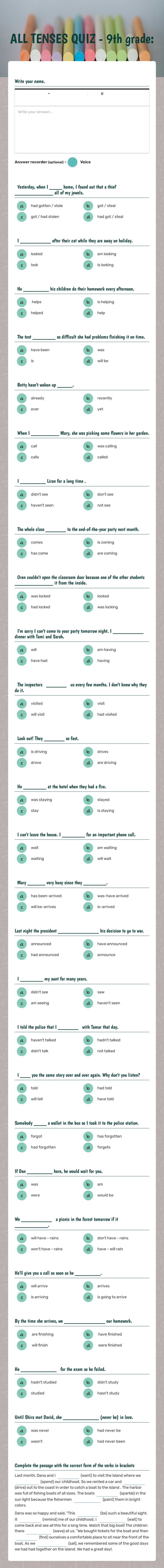 ALL TENSES QUIZ - 9th grade: Grade 9 worksheet preview