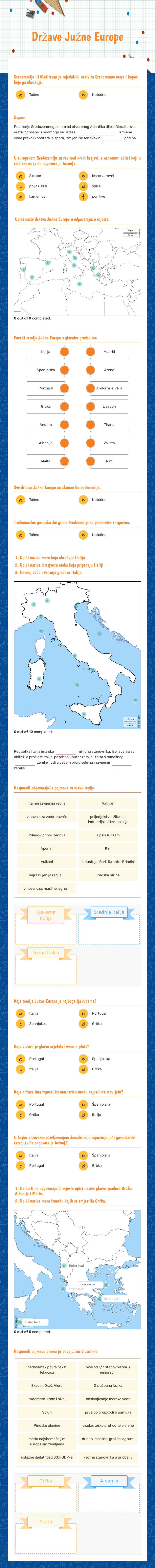 Države Južne Europe worksheet preview image