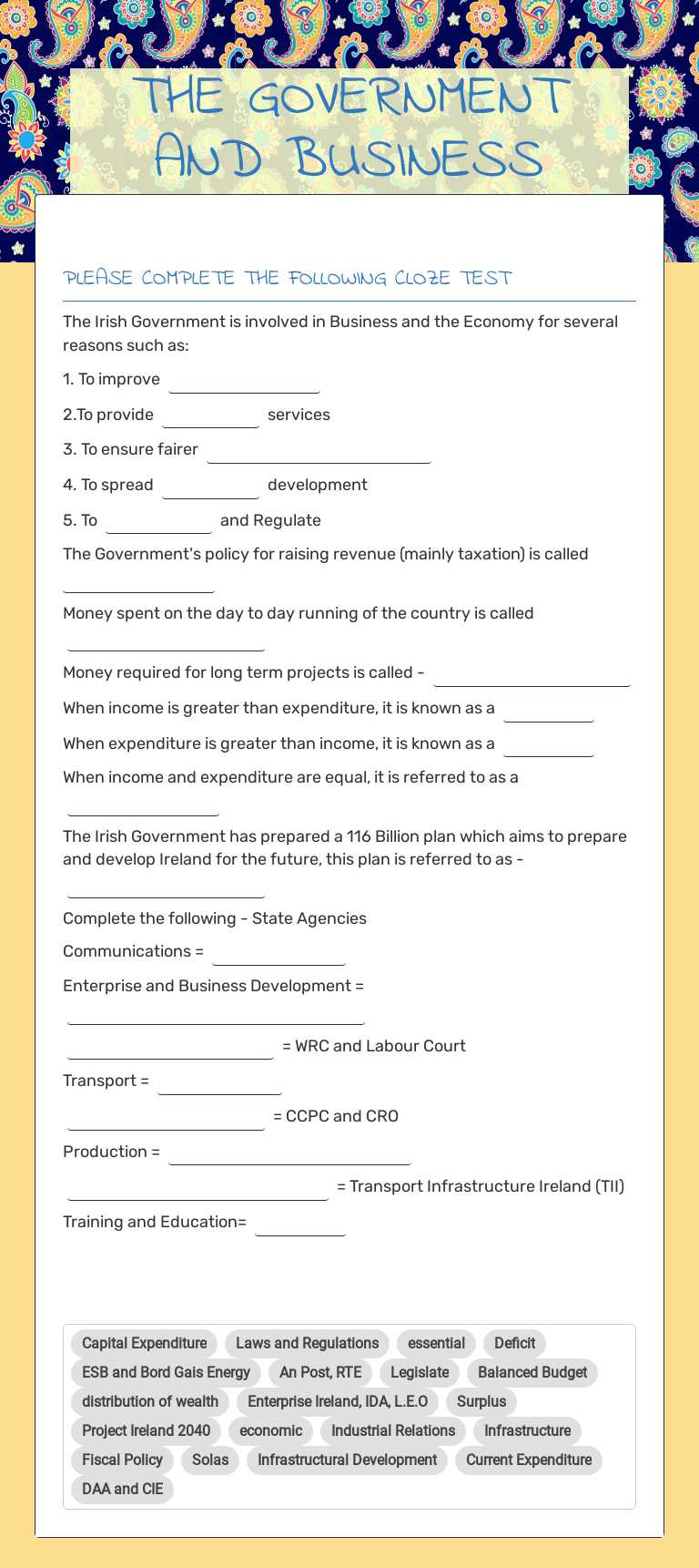 THE GOVERNMENT AND BUSINESS worksheet preview image
