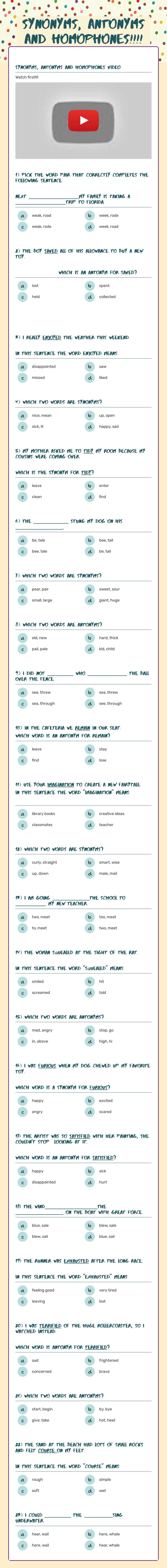 Synonyms, antonyms and homophones!!!! Grade 6 worksheet preview