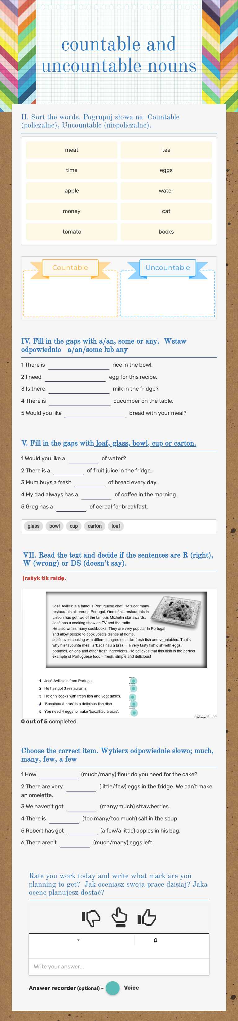 countable and uncountable nouns Grade 5 worksheet preview