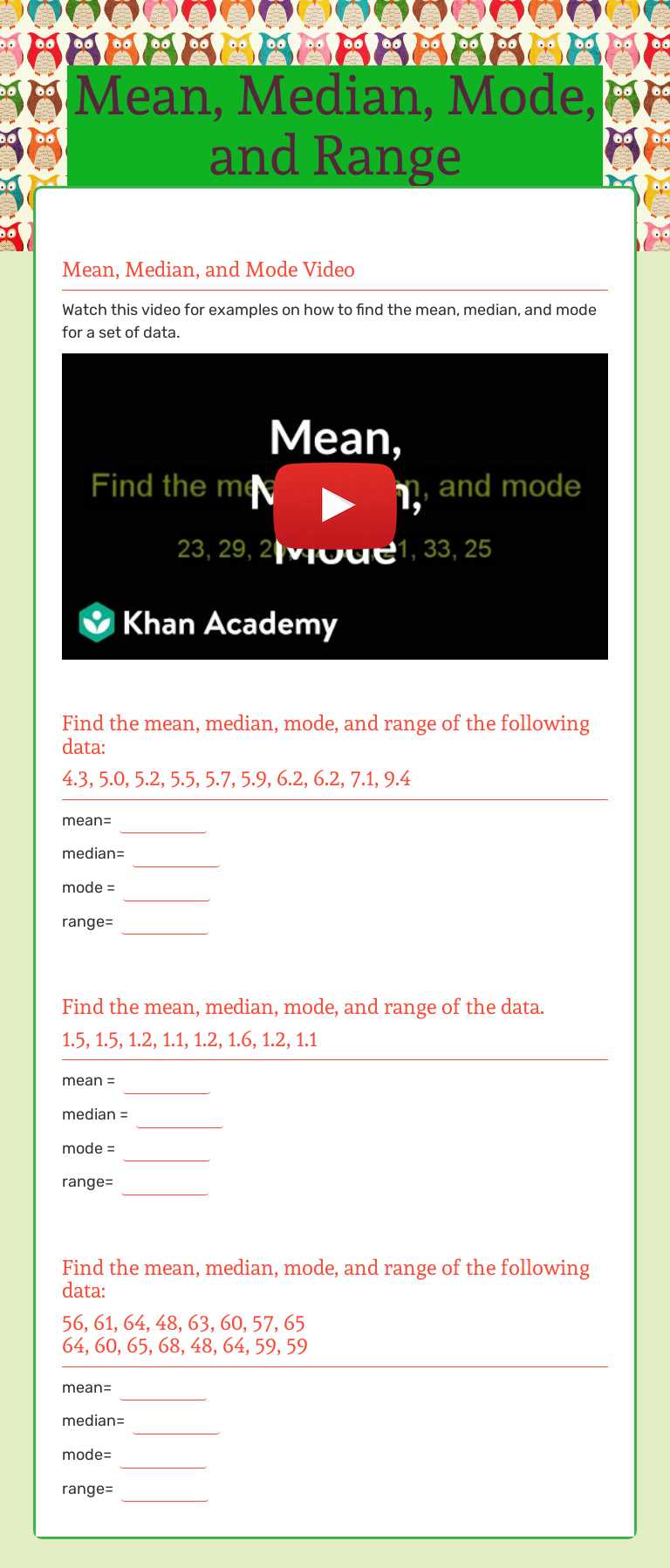 Mean, Median, Mode, and Range by Kala Brittain | Interactive Worksheet ...