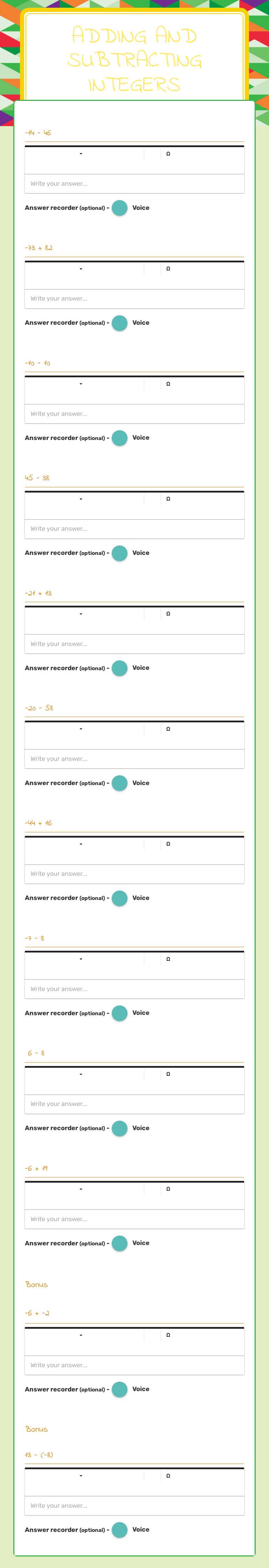 Adding and Subtracting Integers Grade 6 worksheet preview