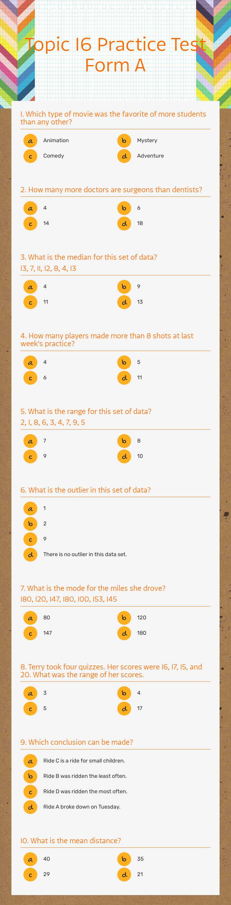 Topic 16 Practice Test Form A Grade 4 worksheet preview