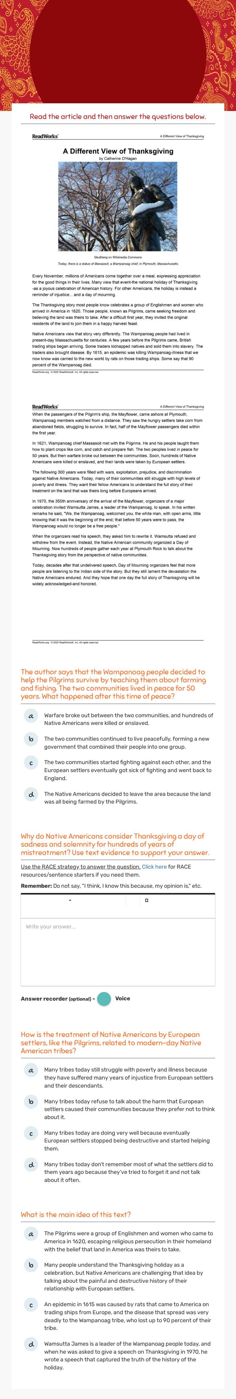 A Different View of Thanksgiving worksheet preview image