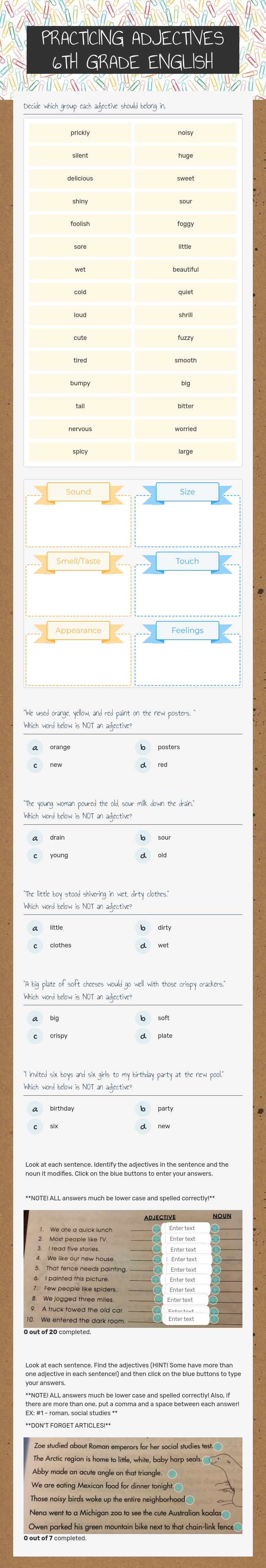 PRACTICING ADJECTIVES       6TH GRADE ENGLISH worksheet preview image