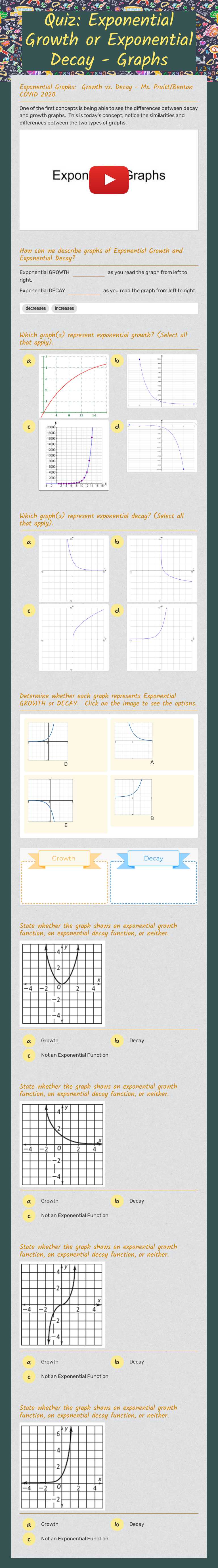 Quiz: Exponential Growth or Exponential Decay - Graphs worksheet preview image