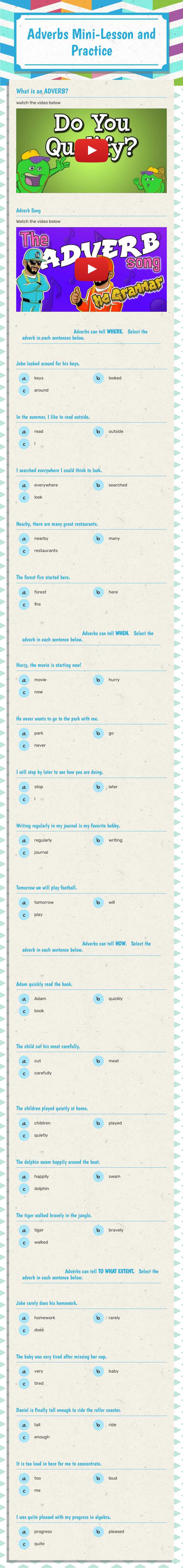 Adverbs Mini-Lesson and Practice Grade 2 worksheet preview
