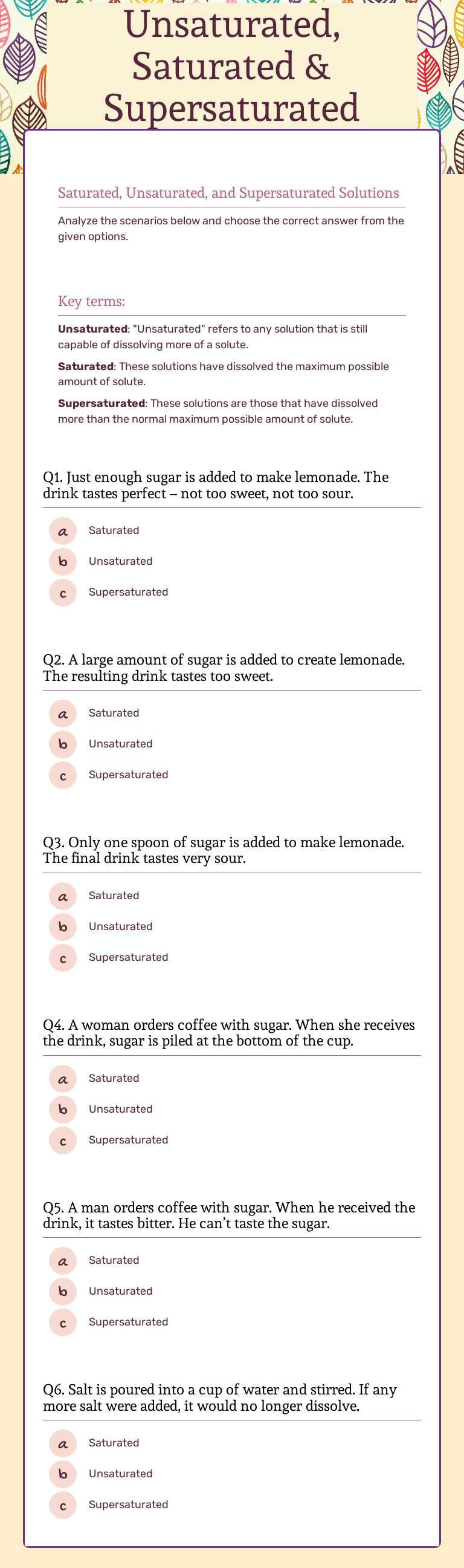 Unsaturated, Saturated & Supersaturated Solutions worksheet preview image