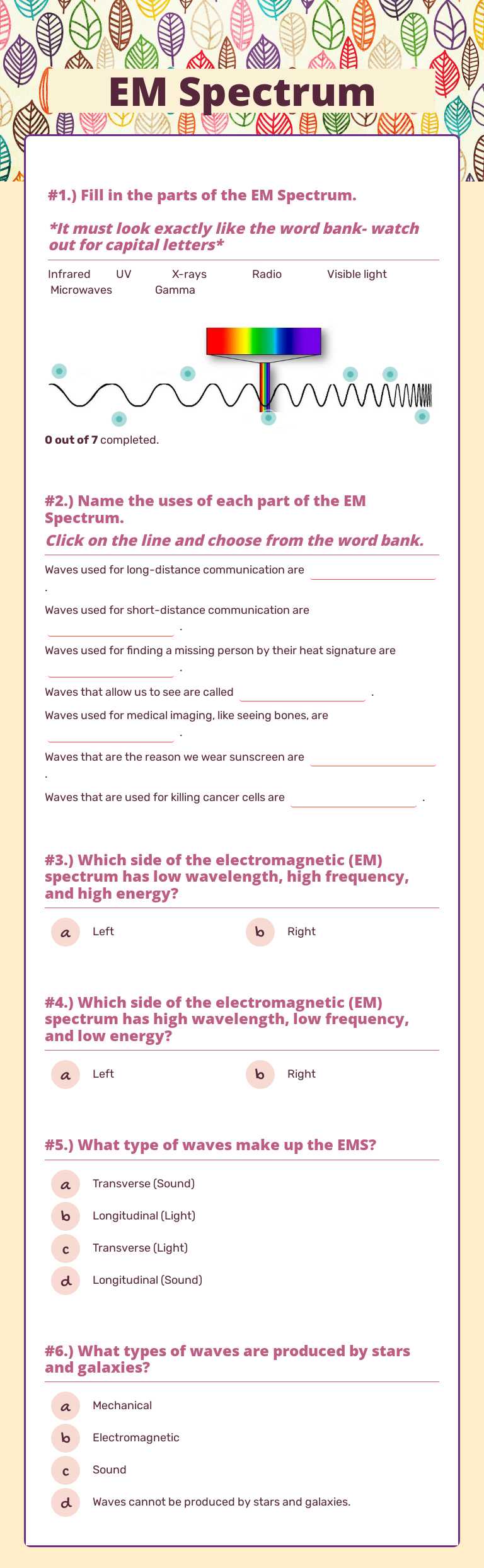EM Spectrum Grade 10 worksheet preview