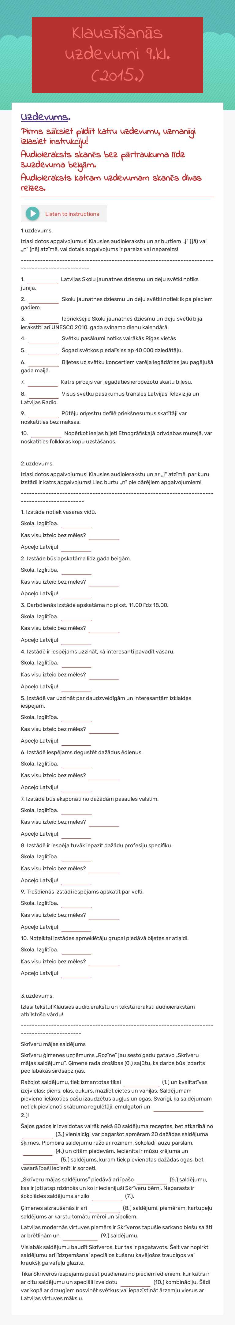 Klausīšanās uzdevumi 9.kl. (2015.) worksheet preview image