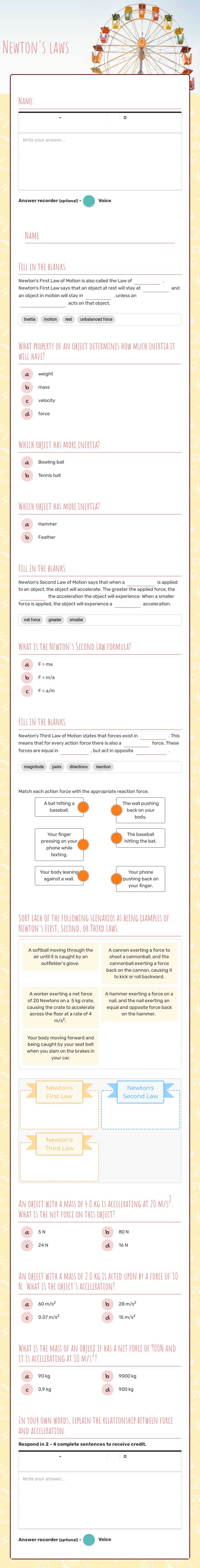 Newton's laws Grade 11 worksheet preview
