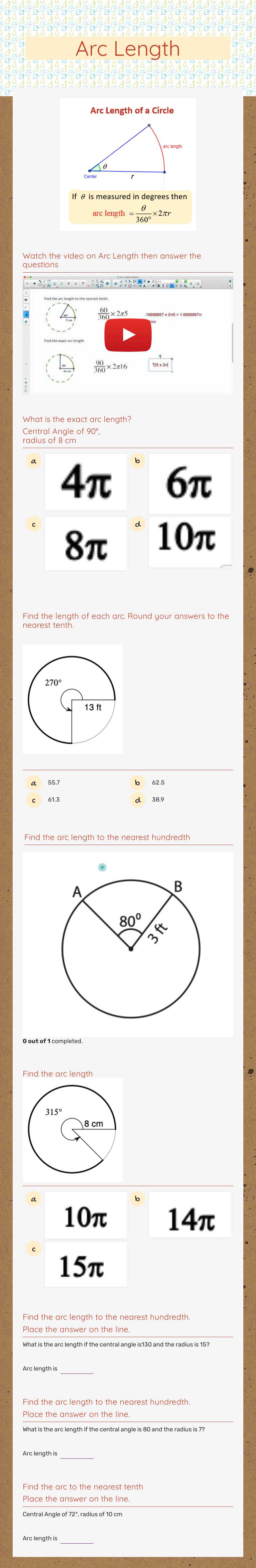 Arc Length worksheet preview image