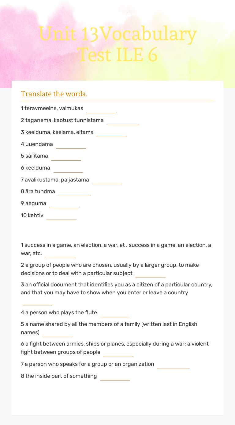 Unit 13Vocabulary Test ILE 6 worksheet preview image