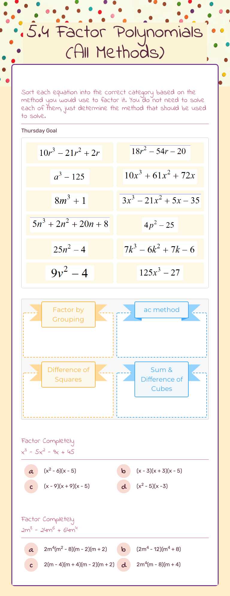 5.4 Factor Polynomials (All Methods) worksheet preview image