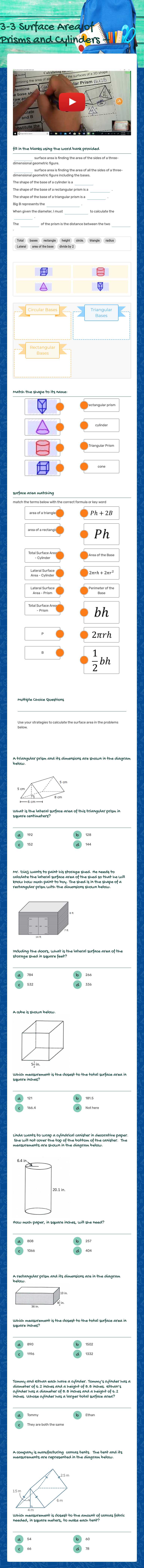 3-3 Surface Area of 
Prisms and Cylinders -- worksheet preview image
