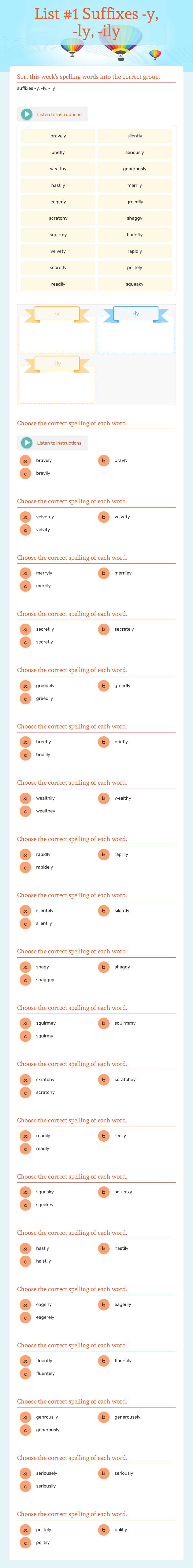 List #1 Suffixes -y, -ly, -ily Grade 5 worksheet preview