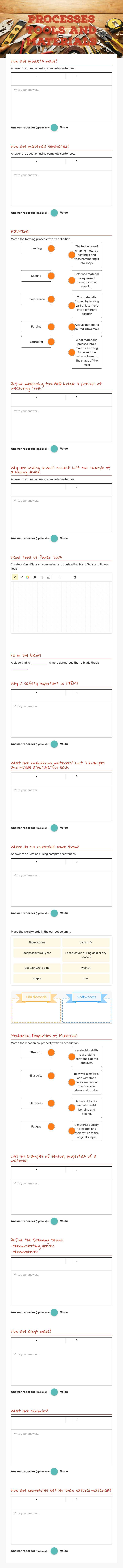 Processes tools and  materials worksheet preview image