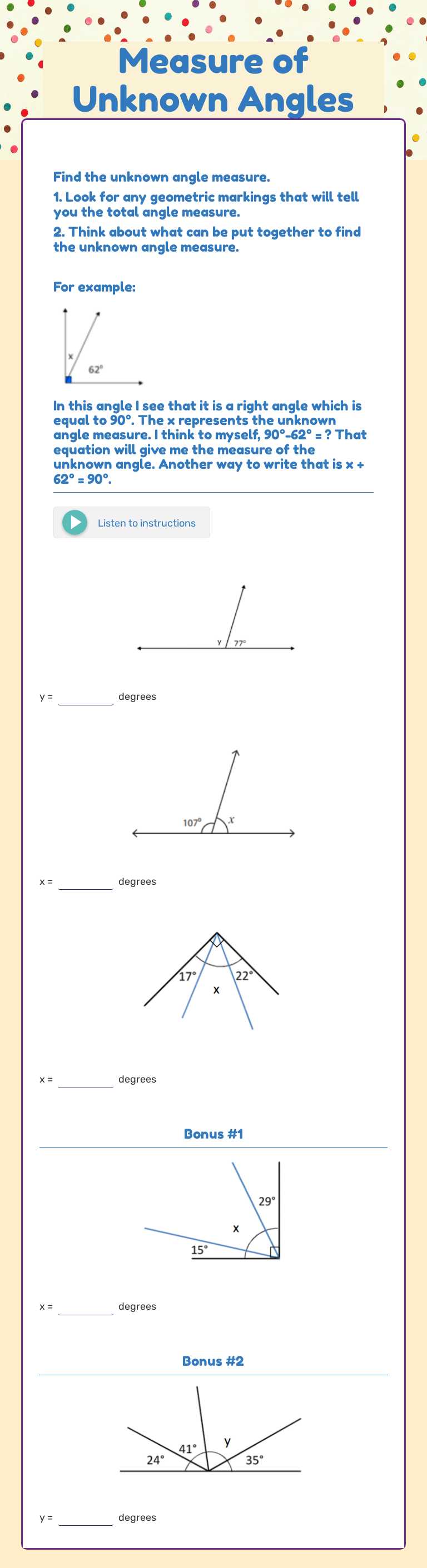 Master finding unknown angles! Practice worksheet for 5th grade math ...