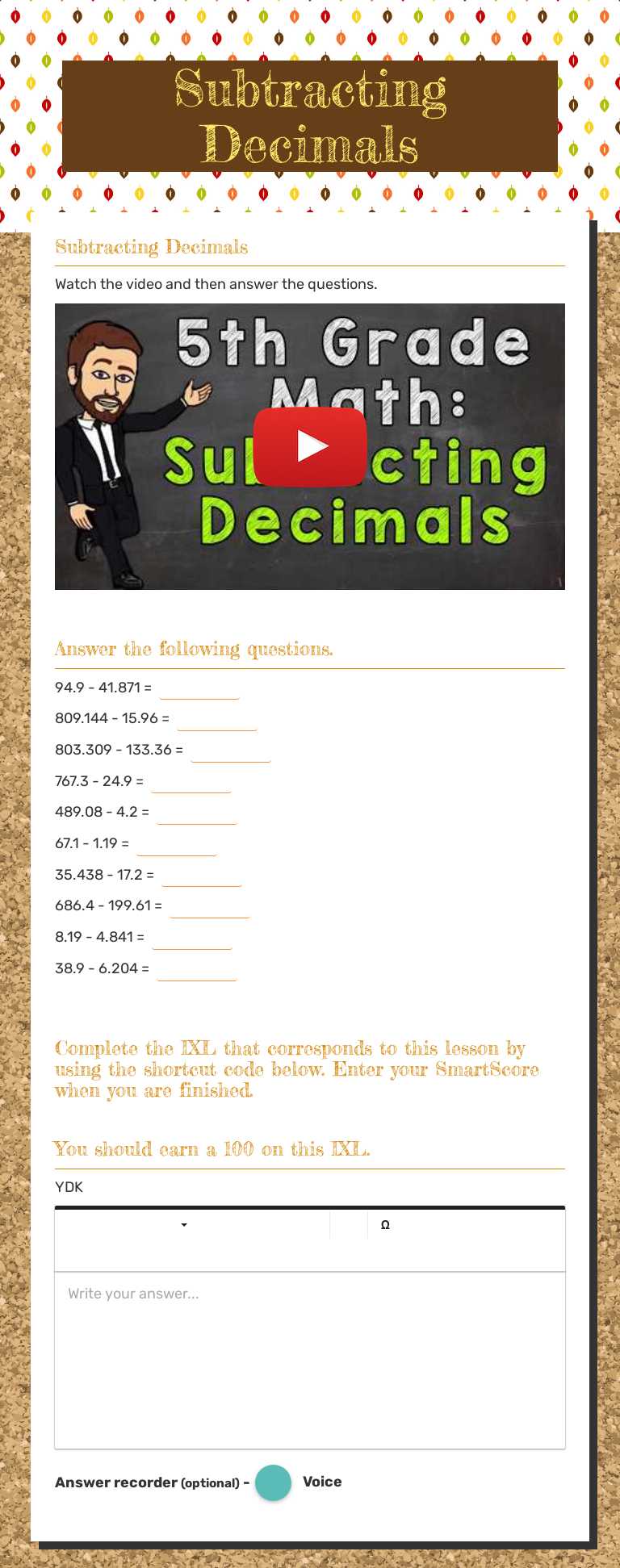Subtracting Decimals worksheet preview image