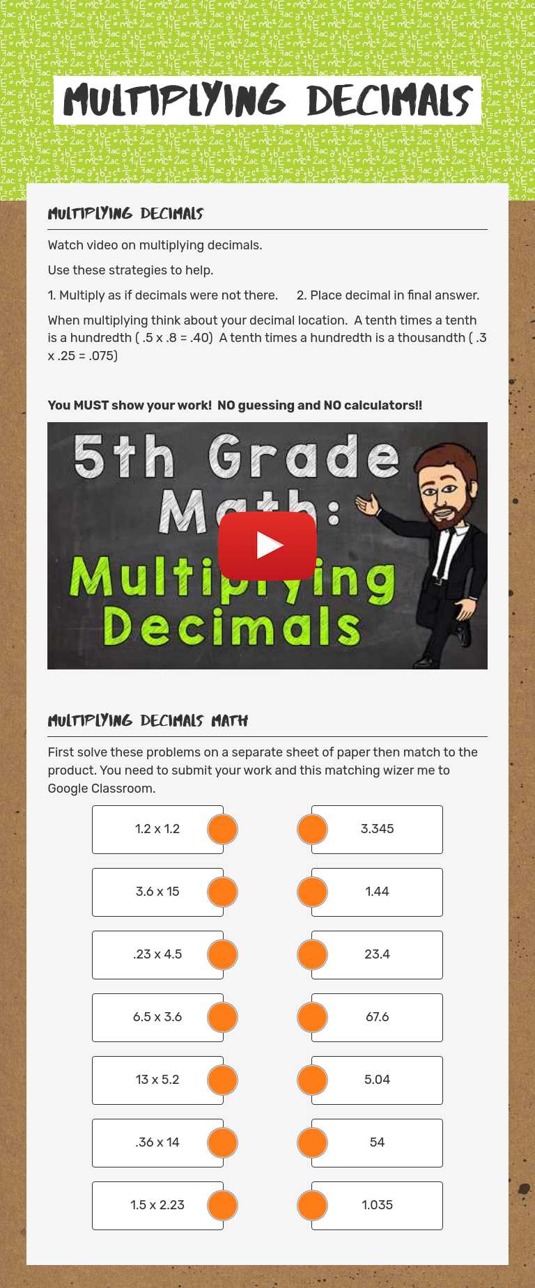 Multiplying Decimals worksheet preview image