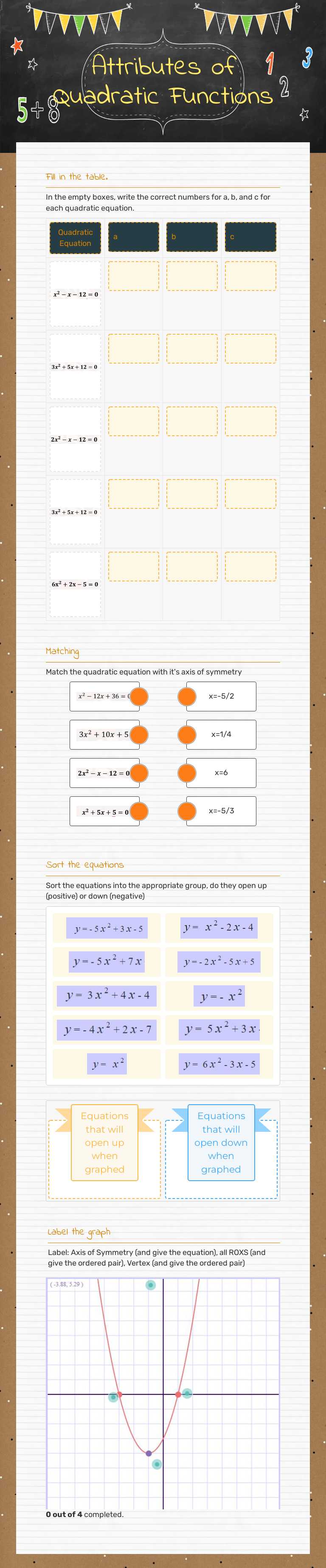 Attributes of Quadratic Functions worksheet preview image