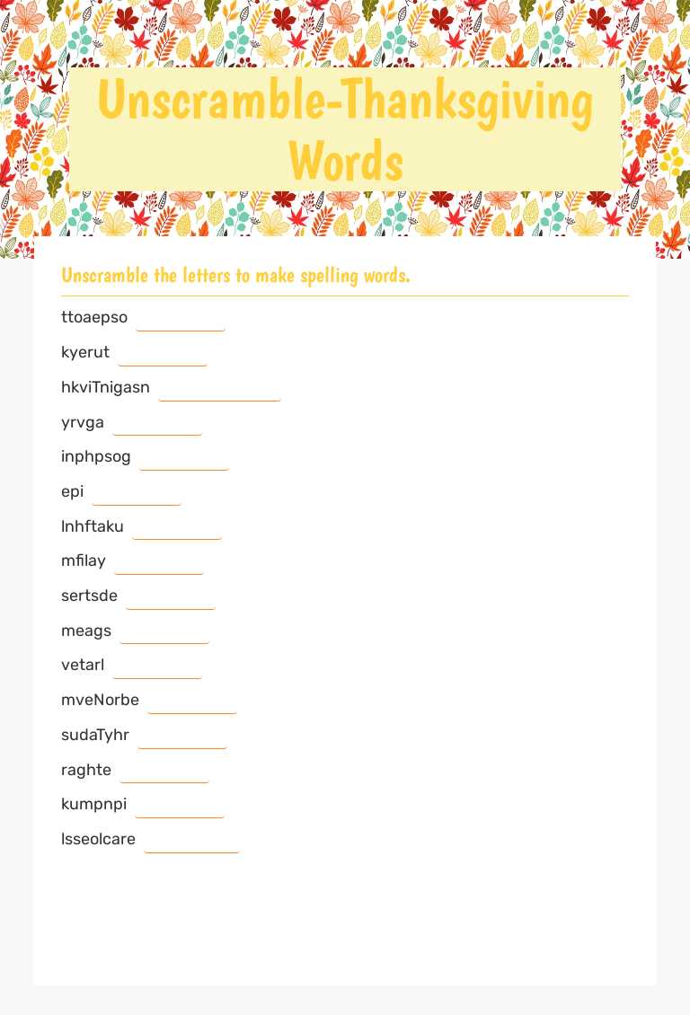 Unscramble-Thanksgiving Words worksheet preview image