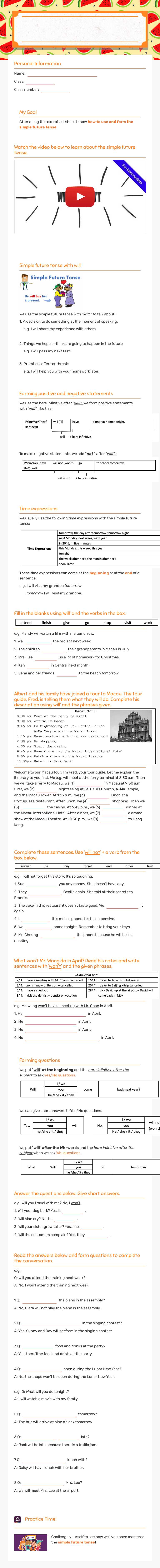 Simple future tense Grade 7 worksheet preview