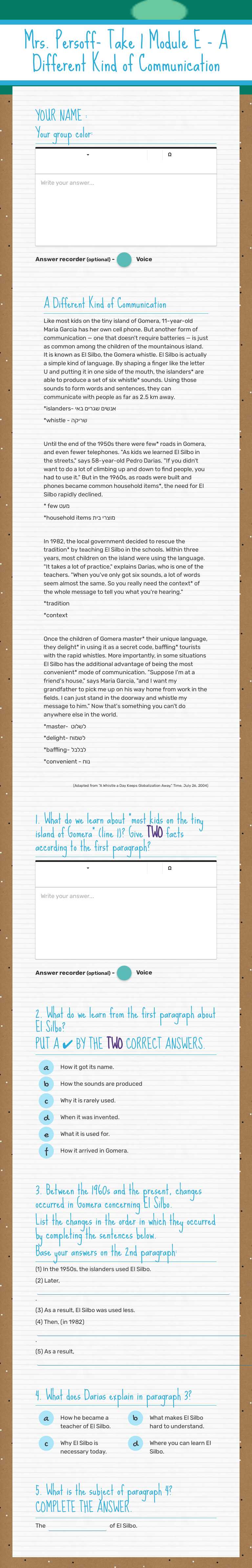 Mrs. Persoff- Take 1
Module E - A Different Kind of Communication worksheet preview image